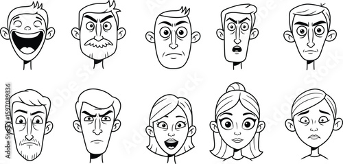 set of cartoon men and woman in many expresion. potrait illustration