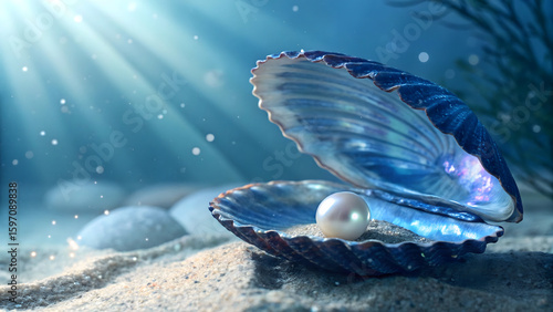 Blue sea shell on underwater sea background