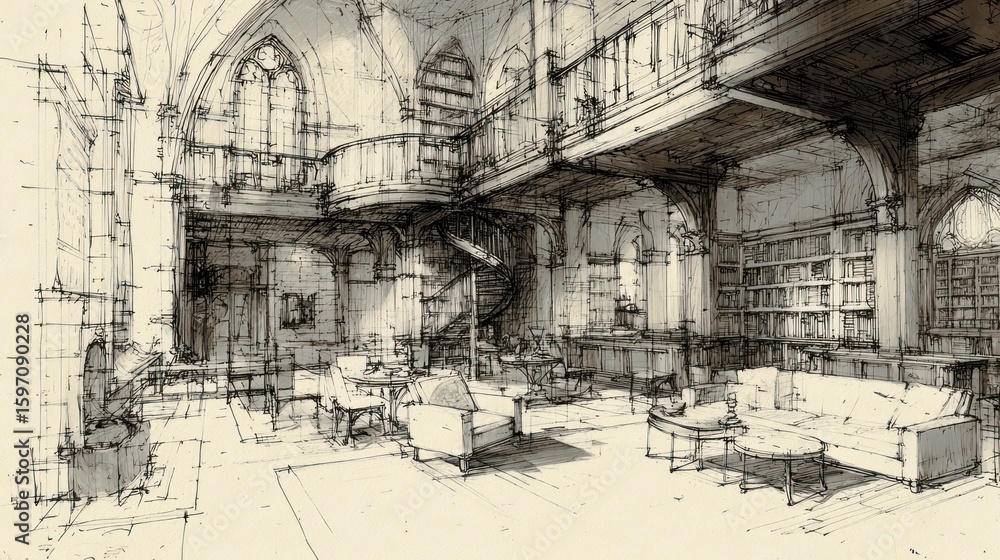 Fototapeta premium Architectural sketch interior library room