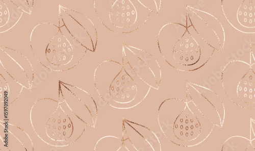 Geometric fruit seamless pattern with gold peaches ornament.