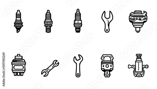A vector illustration showcases a variety of automotive parts and tools, presented in a clean, minimalist style suitable for technical diagrams and design applications.
