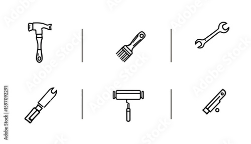 A curated set of six essential household and construction tools, including a wrench, hammer, and paint roller, depicted as clean line art vector icons.