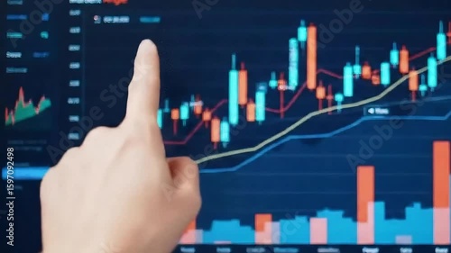 Financial Stock Market Chart Analysis with Hand Pointing on Screen for Trading Insights