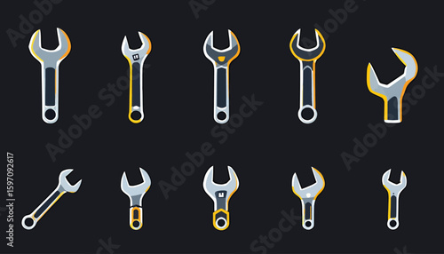 This vector illustration showcases a collection of wrenches, each with a unique design, arranged against a dark background, perfect for representing repair or maintenance concepts.