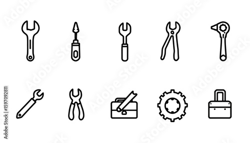 A collection of simple, outlined vector illustrations showcasing various tools, including wrenches, pliers, and a toolbox, perfect for design and repair concepts.