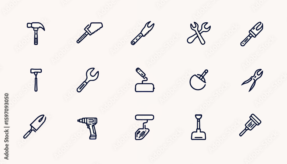 Fototapeta premium A clean vector illustration showcasing a set of various hand tools, including a wrench, hammer, and drill, arranged on a simple, neutral background for versatile use.