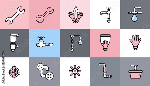 A vibrant collection of modern vector icons depicting essential plumbing and home repair tools and services on a colorful grid background.