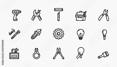 High-quality vector icons set depicting various hand tools including wrenches, pliers, screwdrivers, and other repair shop equipment, perfect for DIY, mechanic, or industrial design projects needing