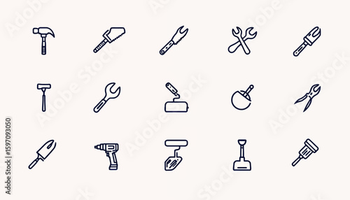 A clean vector illustration showcasing a set of various hand tools, including a wrench, hammer, and drill, arranged on a simple, neutral background for versatile use.