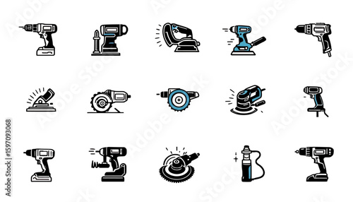 Detailed vector illustration showcasing a variety of power tools, including drills, sanders, and grinders, rendered with precision for industrial and construction applications.