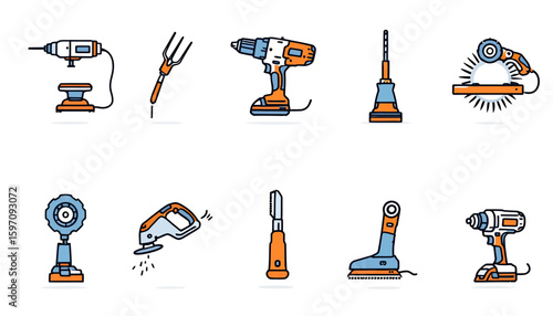 A vibrant collection of modern flat line art vector icons representing various essential power tools and hand tools for construction and repair projects.