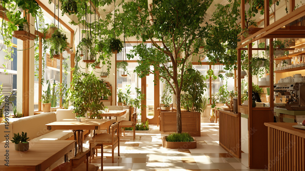 Fototapeta premium Outdoor City Cafe and Restaurant with Garden Terrace in Barcelona