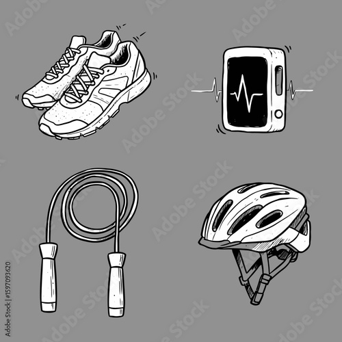 A set of hand-drawn fitness essentials, including running shoes, a jump rope, a heart monitor, and a bicycle helmet, depicted in a clean, illustrative line art style.