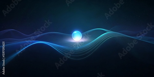 A glowing blue sphere rests on a digital data wave under a starry sky.