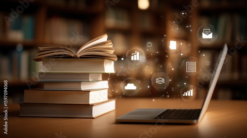 A cozy and focused workspace with stacks of books an open laptop and glowing icons symbolizing the pursuit of knowledge learning and academic research