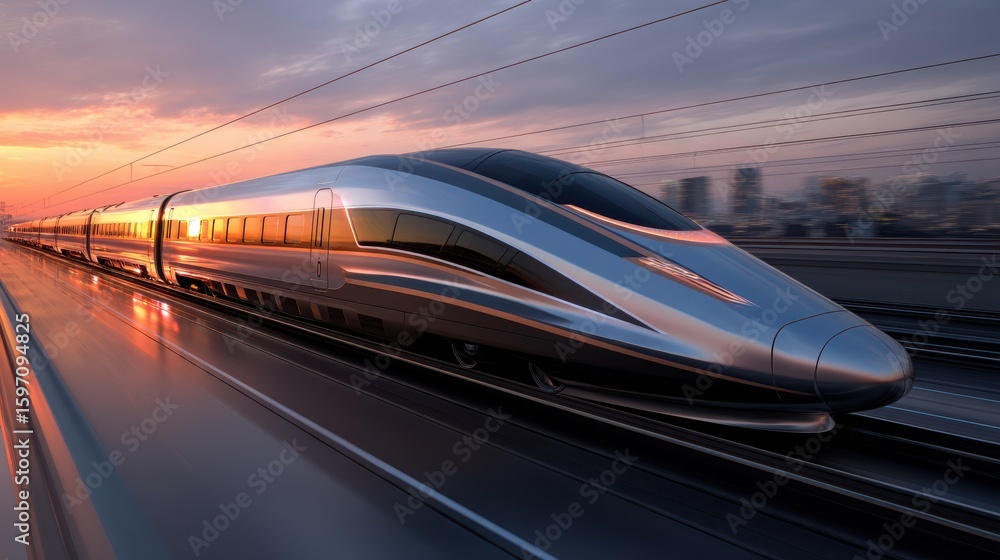 Fototapeta premium A sleek modern high speed train races through a stunning golden sunset showcasing the advanced technology and infrastructure of efficient transportation