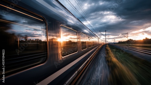 A high speed train blurring past as it rushes through the rural landscape the reflecting the vibrant hues of the setting sun in the distance