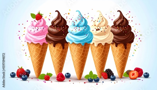 Four delicious ice cream cones in assorted flavors, adorned with sprinkles and fresh berries.