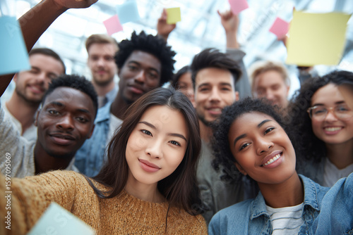 Happy diverse group of young people smiling and holding sticky notes