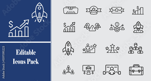 Startup and Growth Line Icon Pack Business and Career Vector Icon Set, Professional line-style icon set showcasing startup concepts, career success, financial growth, leadership, risk management.