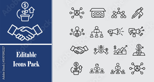 Business and Finance Editable Icon Pack Outline Style Vector Icon Set, Modern outline-style vector icon set featuring business and finance concepts including handshake, investment, team management.