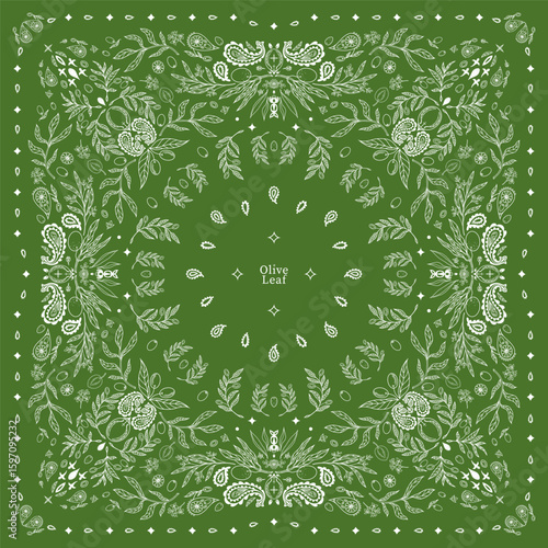 Olive leaf Bandana print. Green bandana pattern. Art, lace, olive leaf, flowers, olive, paisley seamless pattern.Bandana pattern template. Silk neck scarf or kerchief square pattern design.