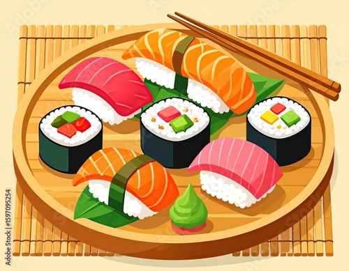 Colorful assortment of sushi rolls and nigiri pieces arranged on a wooden plate with chopsticks.