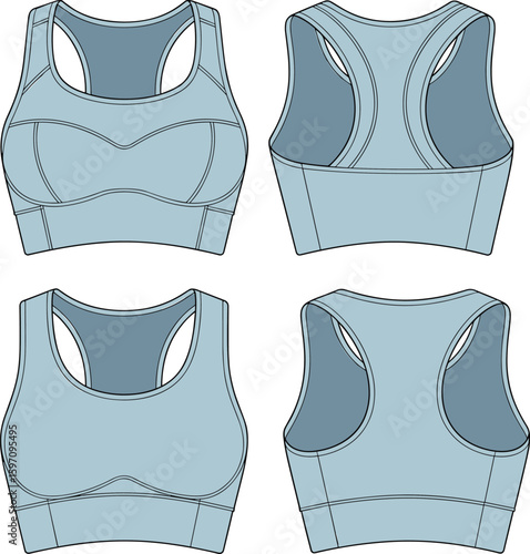 Women’s sports bra design, racerback sports bra, seamless athletic wear, fitness bra sketch, activewear CAD drawing, flat vector illustration, workout clothing 