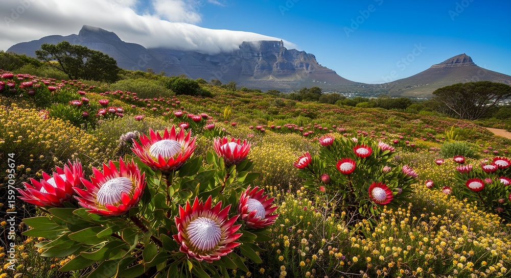 Fototapeta premium Protea flowers in bloom with table mountain in the background on a sunny day