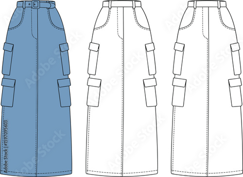 Women's cargo skirt design, long skirt with pockets, belt detail fashion illustration, CAD drawing flat vector, apparel sketch, pencil skirt style, casual outfit concept