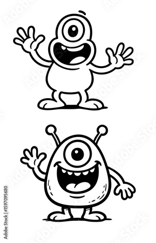 Funny One-Eyed Alien Cartoon – Black and White Bold Line Illustration
