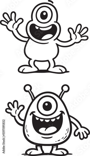 Funny One-Eyed Alien Cartoon – Black and White Bold Line Illustration
