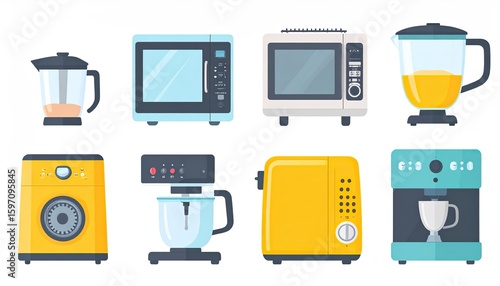 Collection of colorful kitchen appliances, including a microwave, toaster, blender, and coffee maker.