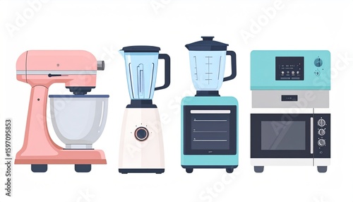 A collection of pastel-colored kitchen appliances, including a stand mixer, blenders, and a microwave oven.