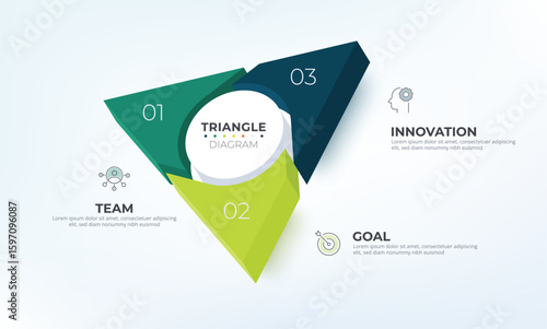 Triangle infographic 3 way chart. Diagram information label with 3 option