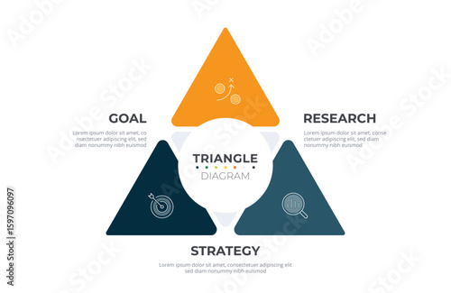 Triangle infographic 3 way chart. Diagram information label with 3 option