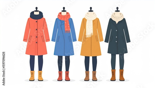 Four mannequins displaying winter outfits, each featuring a coat, scarf, leggings, and boots in different colors, against a white background.