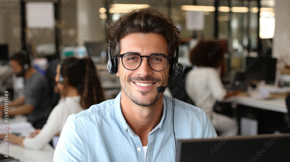 Obraz premium Smiling man in headset at a busy office, engaged in customer service activities.