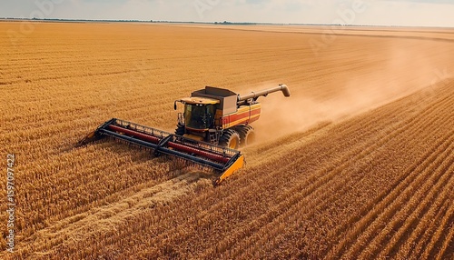 Modern Combine Harvester Working in Vast Golden Wheat Field – Agricultural Machinery Harvesting Crops Under Clear Sky