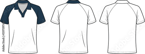 Cad drawing flat vector illustration of men's polo t-shirt design, fashion technical sketch, front and back view, casual wear template.