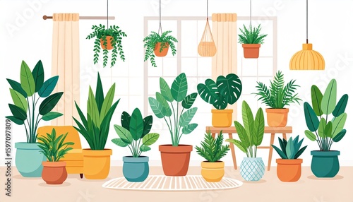 A cozy indoor scene featuring a diverse collection of potted houseplants arranged on the floor and hanging from the ceiling, creating a vibrant, natural aesthetic.