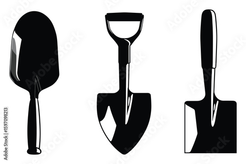 silhouette set of gardening tools including spade and trowel