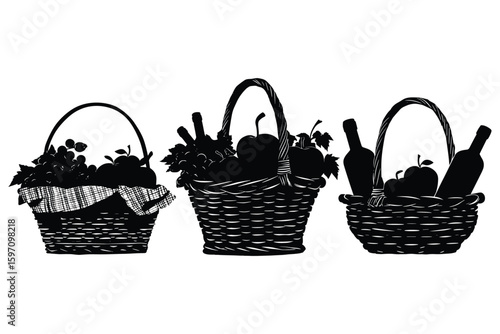 set of market basket silhouettes filled with fresh vegetables and plants