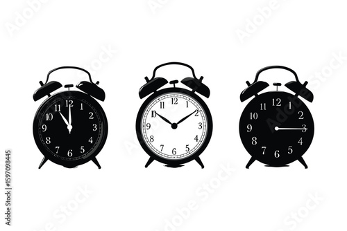 silhouette set of vintage alarm clocks with classic shapes