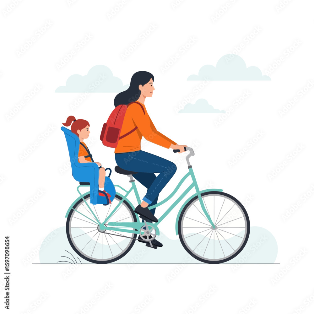 A woman cycles with her child in a baby seat on the back of her bicycle under a cloudy sky. A woman cycles with her child in a baby seat on the back of her bicycle under a cloudy sky.