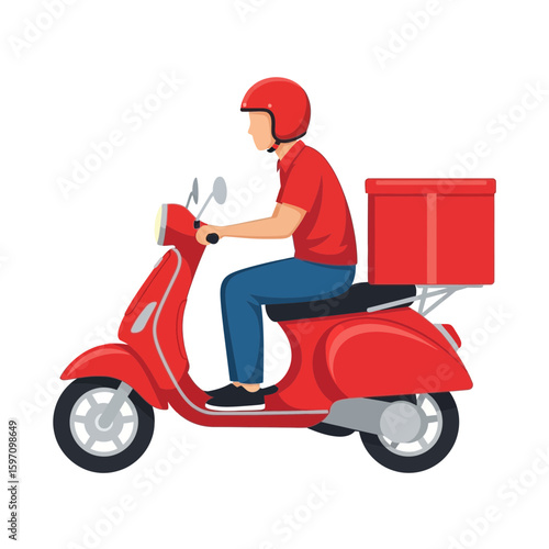A delivery man wearing a red helmet rides a red scooter with a red delivery box attached to the back.