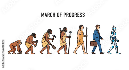 Illustration depicting the evolution of man from ape to modern businessman to robot, labeled "March of Progress".