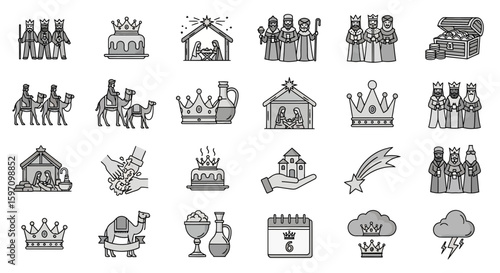 A collection of grayscale line art icons depicting the Epiphany, including the three wise men, nativity scenes, crowns, camels, gifts, and a comet.