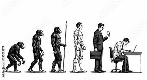 Illustration depicting human evolution from ape to modern office worker hunched over a laptop, highlighting technological dependence.