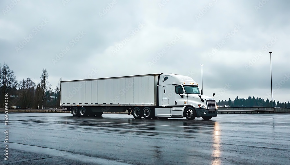Modern White Semi Truck with Trailer on Wet Asphalt – Long Haul Freight Transportation and Logistics Concept Modern White Semi Truck with Trailer on Wet Asphalt – Long Haul Freight Transportation and Logistics Concept